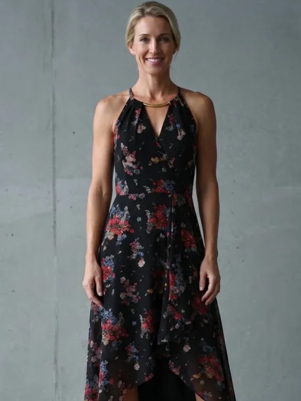 Signature by Sangria Black Floral High-Low Faux Wrap Dress